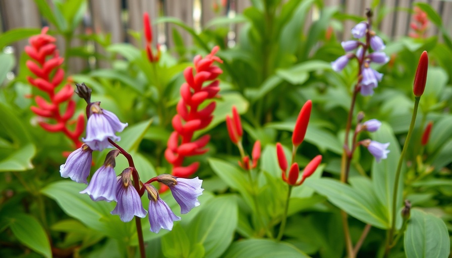 Vibrant garden with purple and red flowers, sustainable home design.