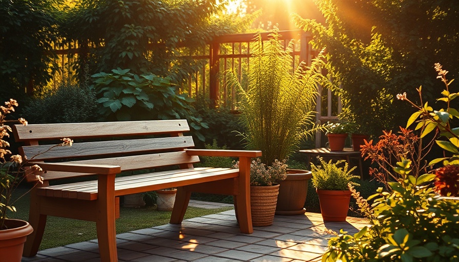 Eco-friendly gardening scene with a wooden bench in sunlight.