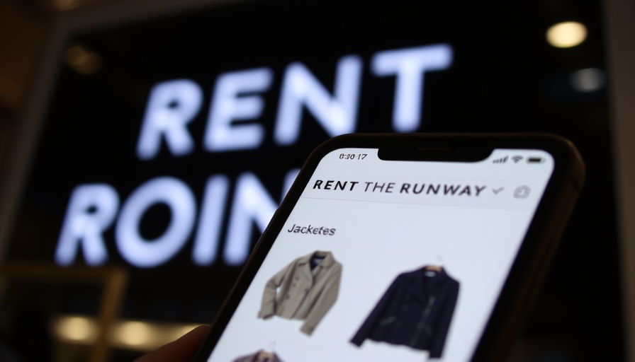 Rent the Runway app on phone showing jackets; logo in background.