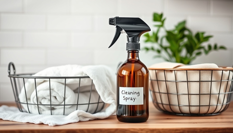 Glass cleaning spray bottle and towels on a wooden counter.