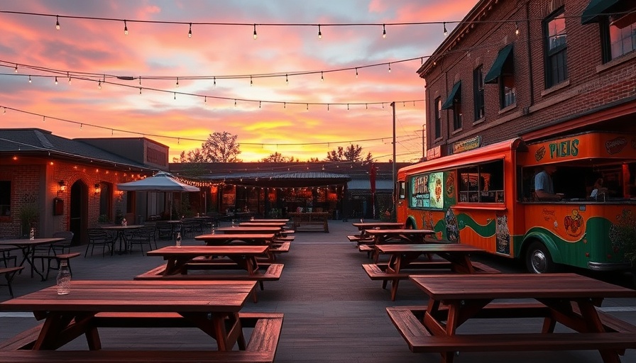Outdoor brewery at sunset with tables and a food truck, local events.