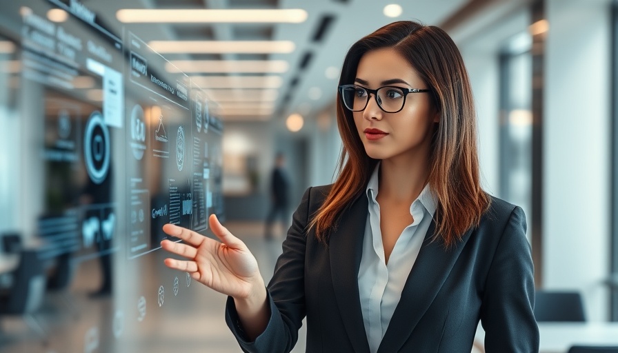 Professional businesswoman engaging with virtual training icons, signifying effective training drives business growth.