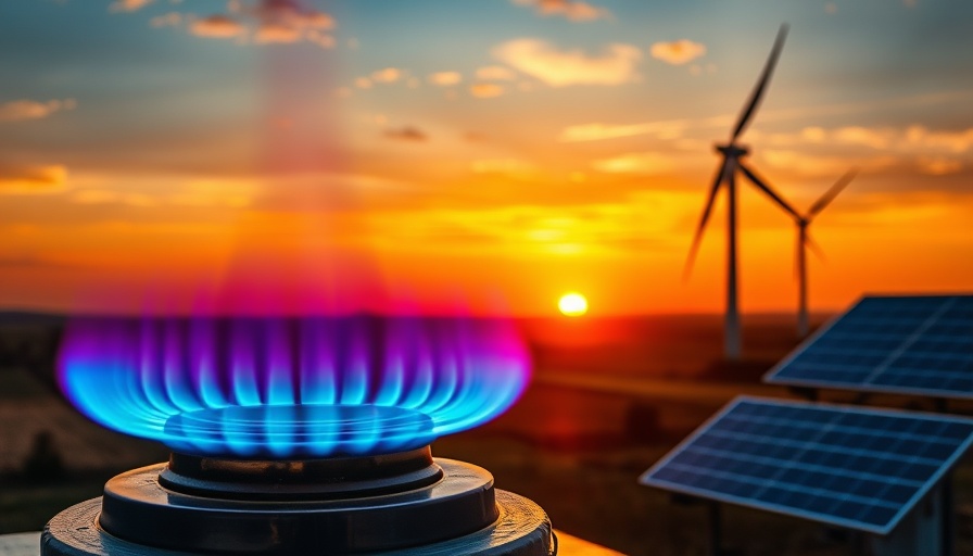 Natural gas flame beside wind turbine and solar panel at sunset, highlighting energy sources.
