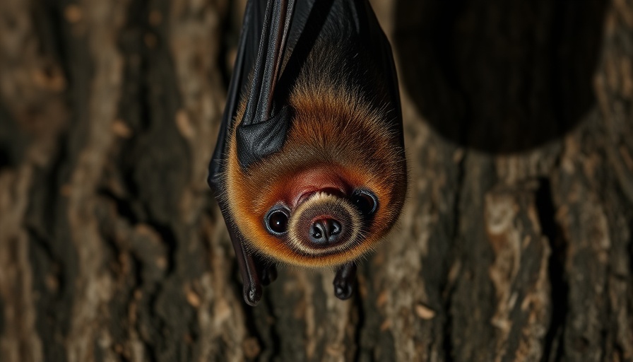 North Carolina bat hanging on a tree trunk at night.