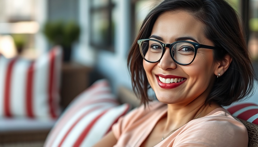Smiling woman in glasses on an outdoor couch.
