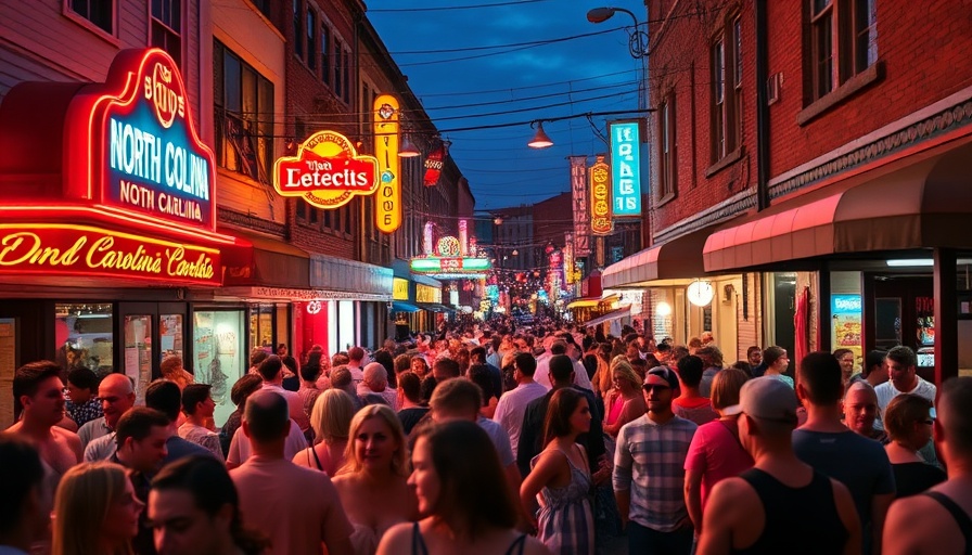 Vibrant nightlife scene in North Carolina with lively crowd and neon lights.