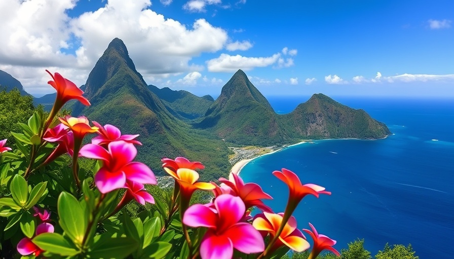Eco-friendly travel St. Lucia view with Pitons and ocean.