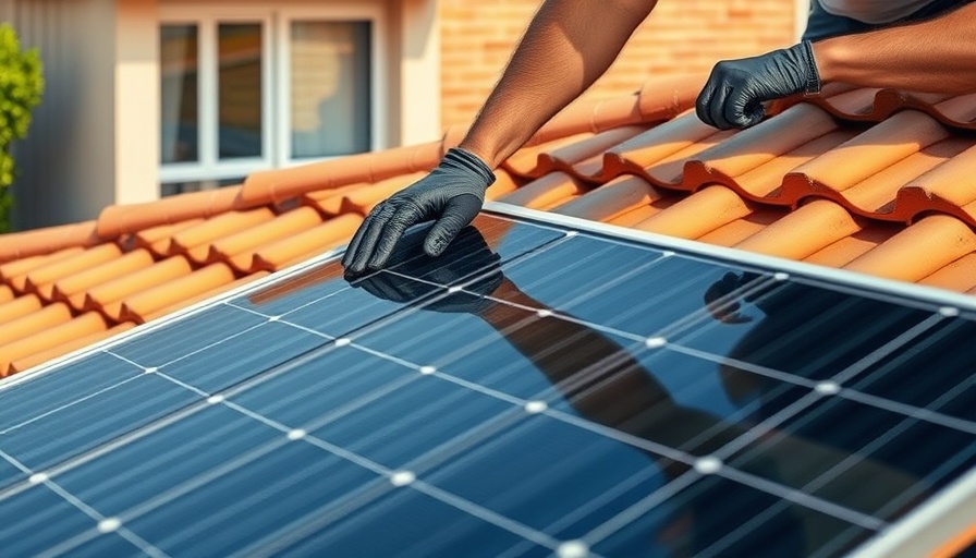 Man installing solar panel on roof of a green office.