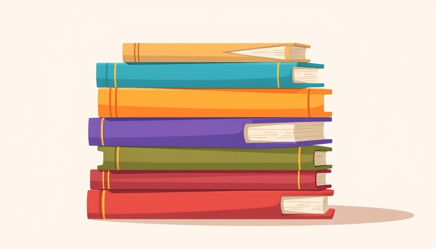 Cartoon stack of colorful books on a flat surface.