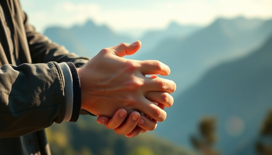 Hands holding against a mountain backdrop, symbolizing connection.