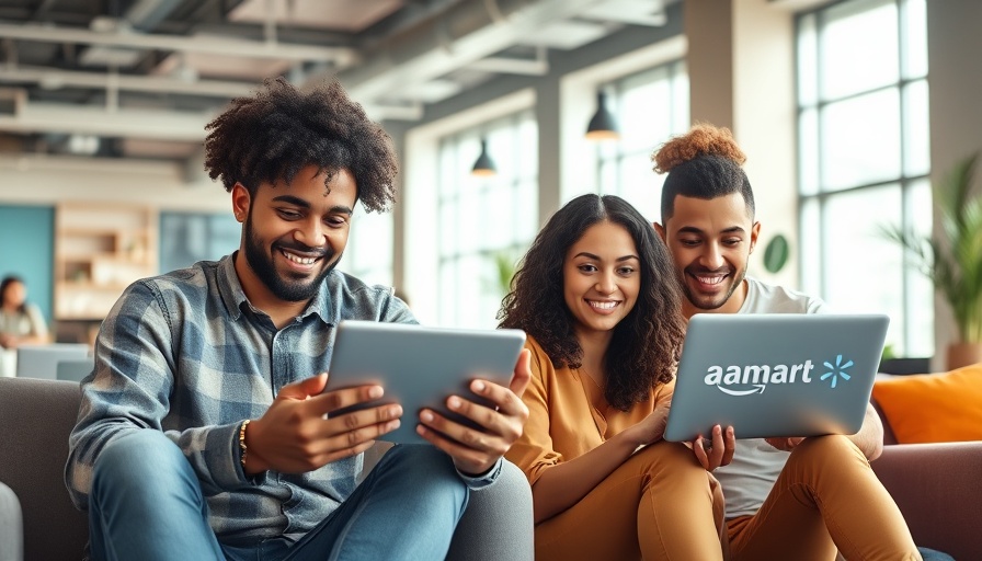 Millennials exploring Amazon and Walmart subscriptions in a co-working space.