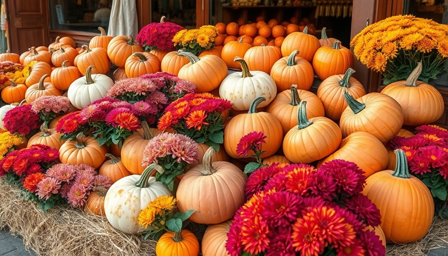 Fall harvest with pumpkins and flowers for marketing ideas.