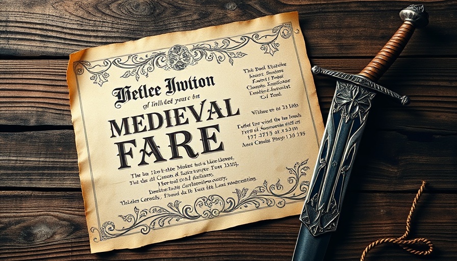 Local events invitation for Tap Yard Faire with medieval theme.