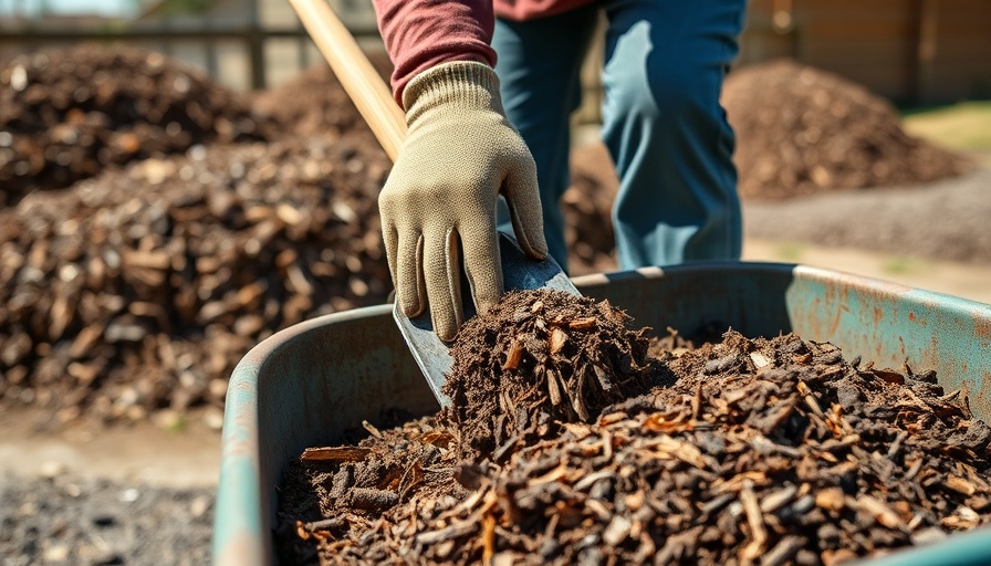 Person shoveling mulch into a wheelbarrow in a garden setting.