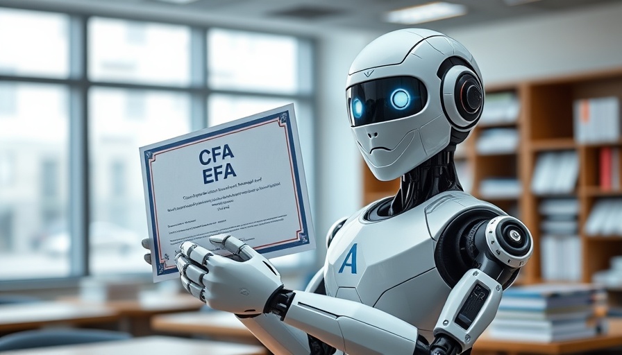 AI robot confidently holding CFA exam certificate in futuristic classroom.
