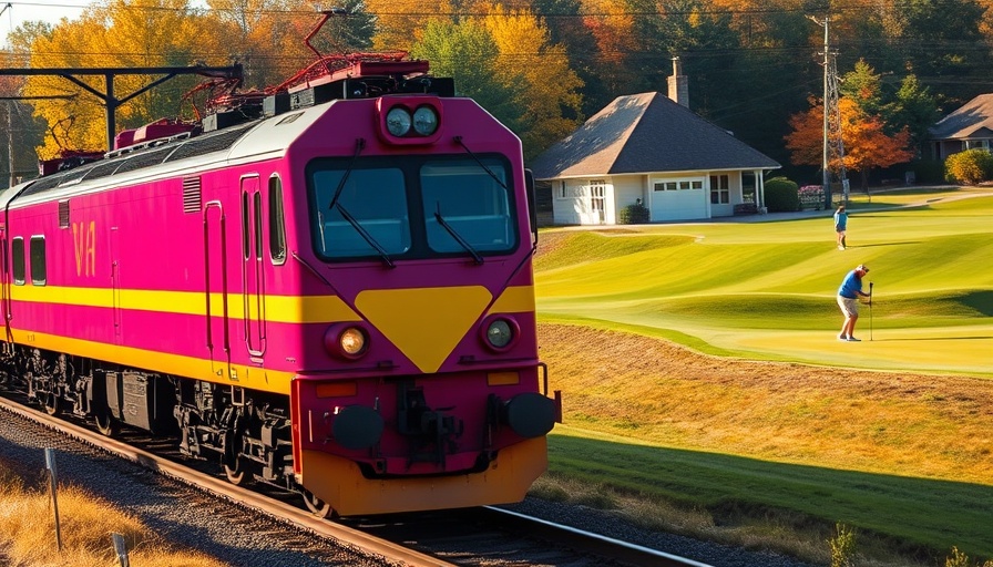 Colorful train passing golf course in Moore County, unique attraction.
