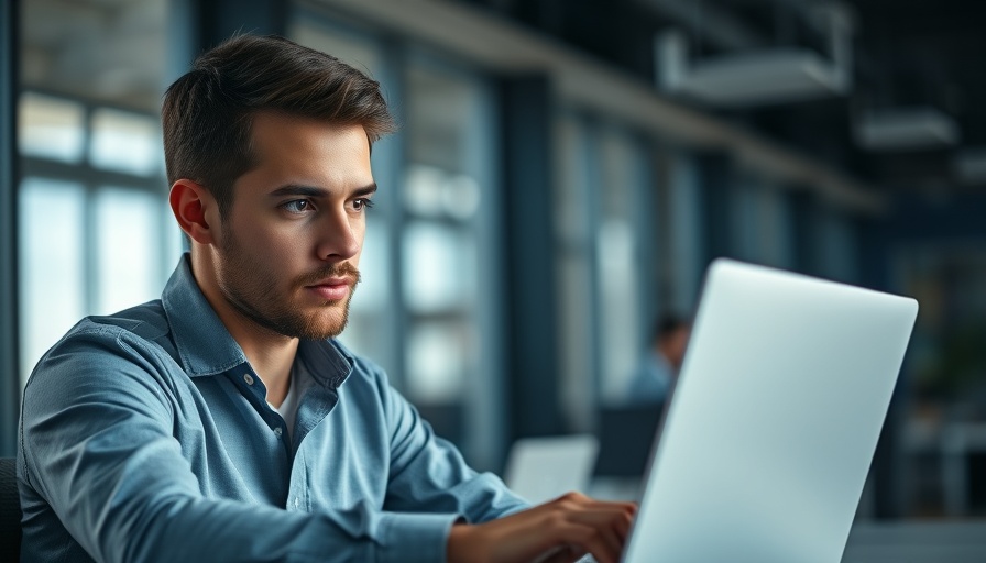 Professional man using laptop in modern office, business software focus.