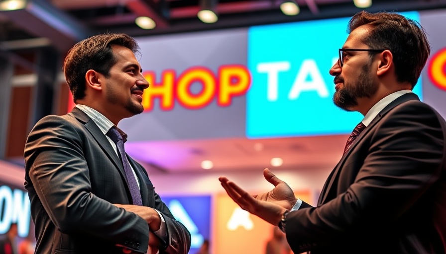 Business professionals discussing marketing strategies at a Shoptalk conference.