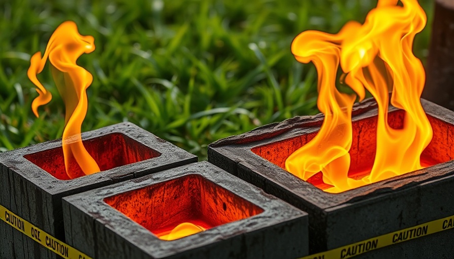 Iron pour at Sertoma Arts Center with molten iron in molds and flames.