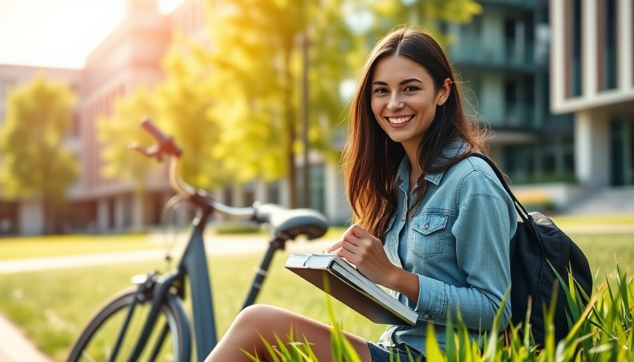 Cheerful student on campus with bike, writing, tips for sustainable living on campus.