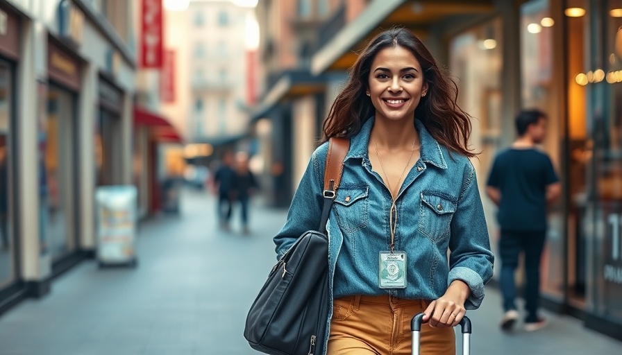 Young woman embracing sustainable tourism as she smiles with a suitcase.