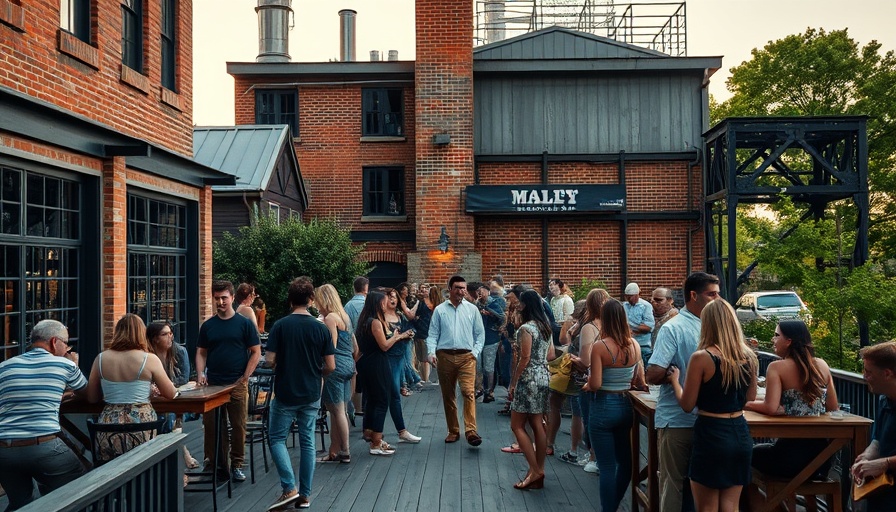 People enjoying outdoor deck at mill building bar in North Carolina.