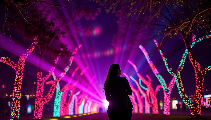 Couple enjoying colorful light display surrounded by festive trees.