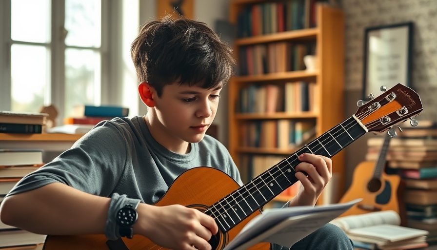 Teen focused on mastering guitar, sunlight streaming, warm atmosphere.