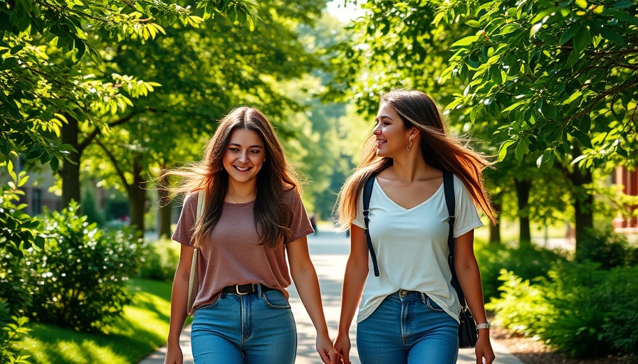 Students walking in green campus promoting sustainability.