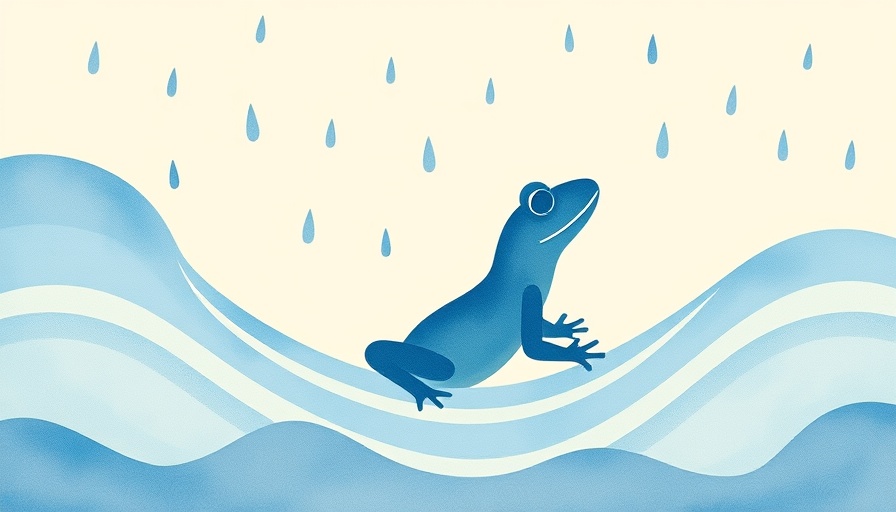 Watercolor amphibian under rain symbolizes community recovery after Hurricane Helene.