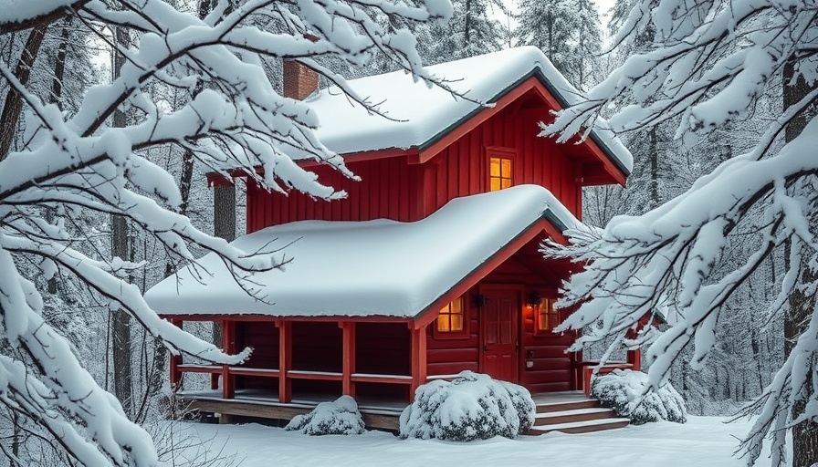 Red cabin in snow-covered forest, sustainable tourism scene.