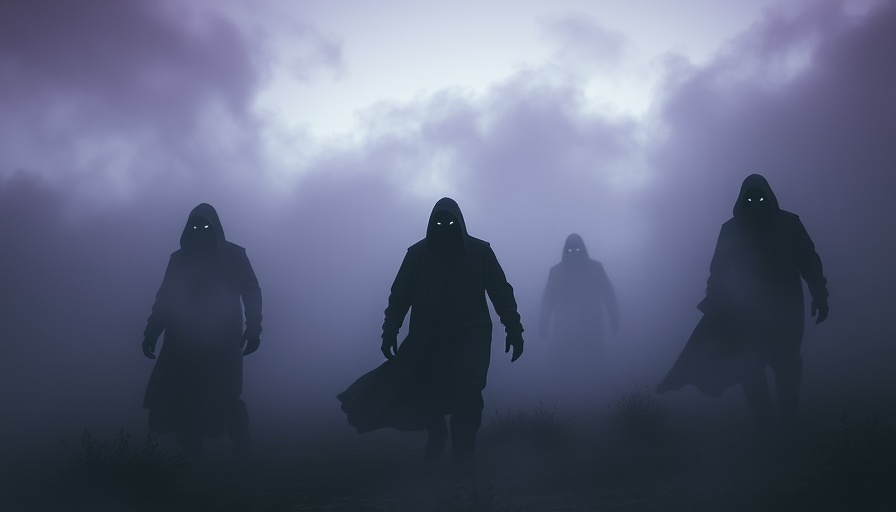 Shadowy figures with glowing eyes, eerie local events.