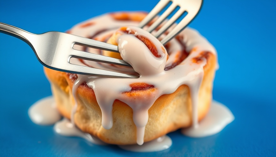 Tantalizing cinnamon roll on blue background for National Cinnamon Roll Day Deals.
