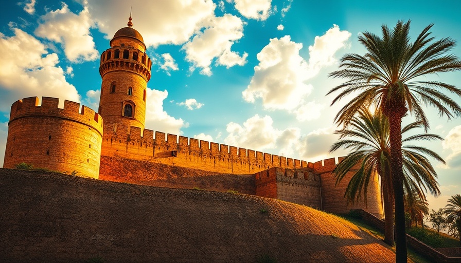 Ancient fortress and palm tree under blue sky promote sustainable tourism.