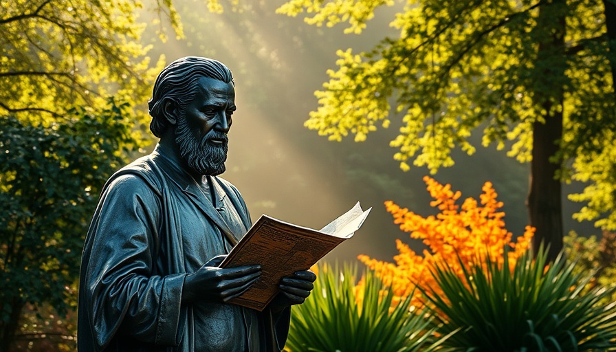 Bronze statue at North Carolina Arboretum with morning mist
