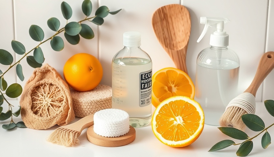Eco-friendly kitchen cleaning items, including a bottle of washing-up liquid and natural brushes.