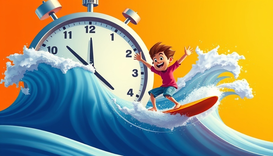 Cartoon depicting temptation bundling for productivity with surfing and clock.