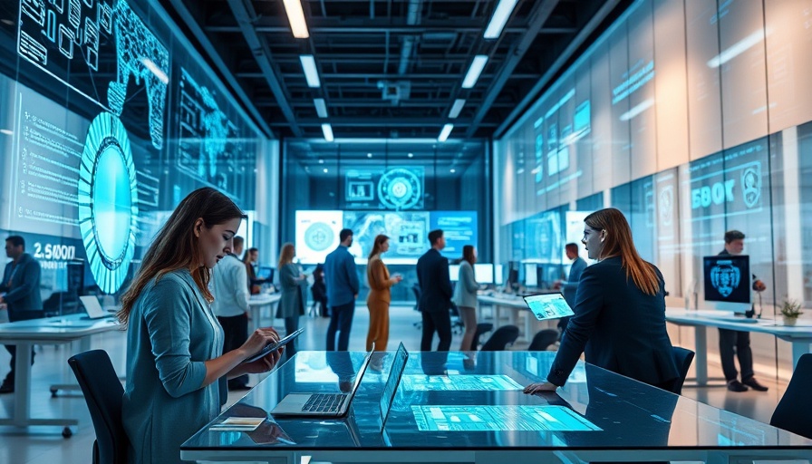 AI in corporate communication with modern tech and teamwork.