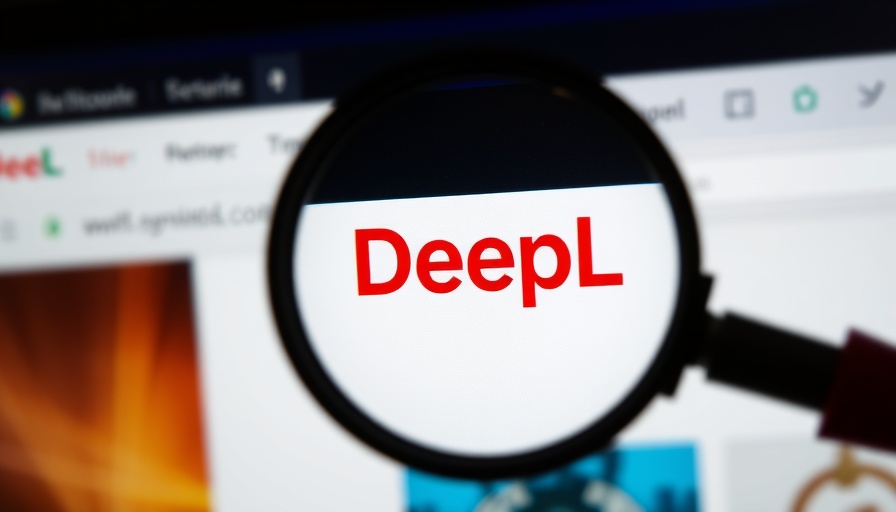 Close-up of magnifying glass over DeepL website logo and interface.