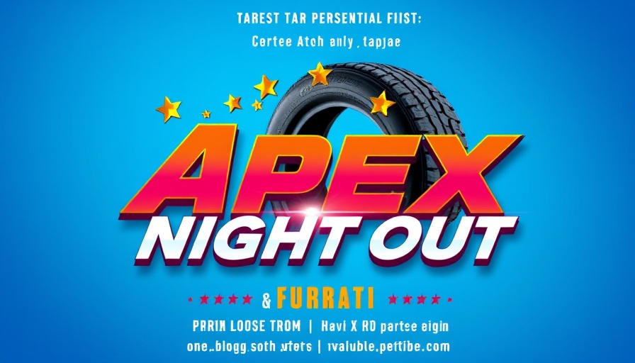 Event flyer for Apex Night Out with blue background and tire graphic.