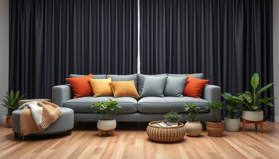 Contemporary living room with sofa, plants, and energy-saving curtains.