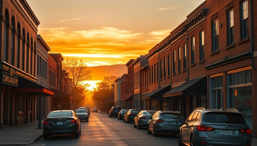 Sunset in Valdese North Carolina, vibrant town street