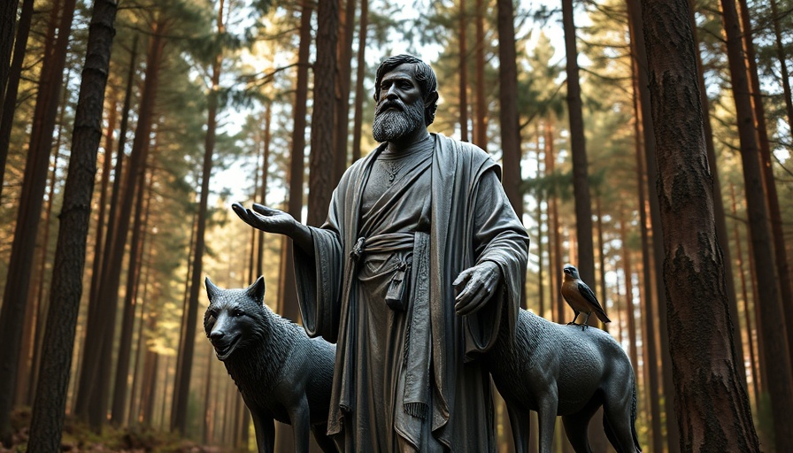 Statue depicting animal blessing in a forest setting