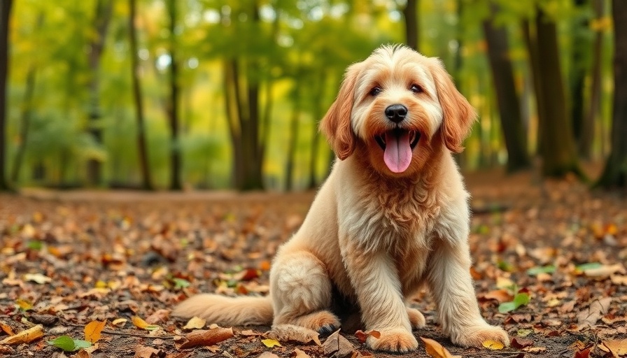 2025 Pet Photo Contest Winner: cheerful golden doodle in a forest.