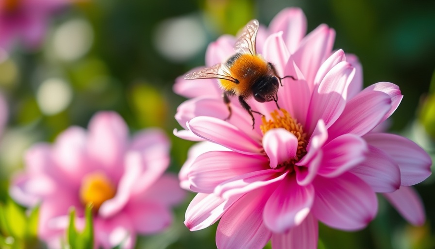 Bumblebee on flowers with garden quote, promoting sustainable home design.