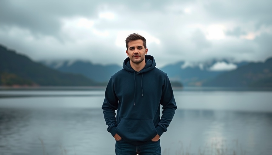 Best Ethical Hoodies in the UK: Man in navy hoodie by a lake