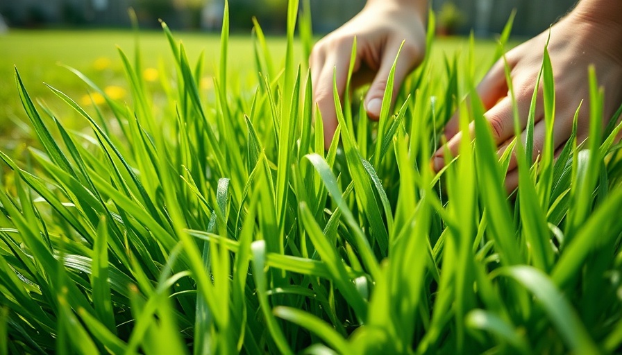 Sustainable home design: hands tending lush green grass in backyard