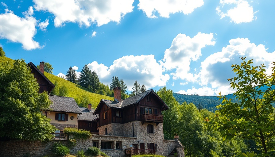 Rustic sustainable houses among trees in Italy, peaceful hillside.