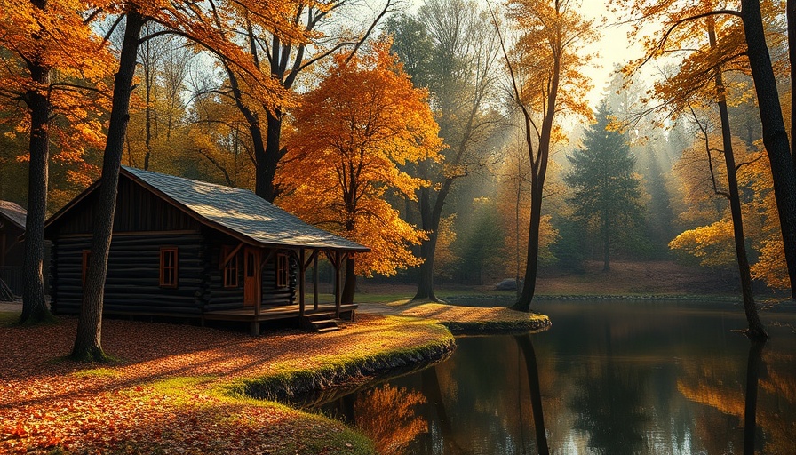 Serene forest cabin with autumn foliage and sunlight.