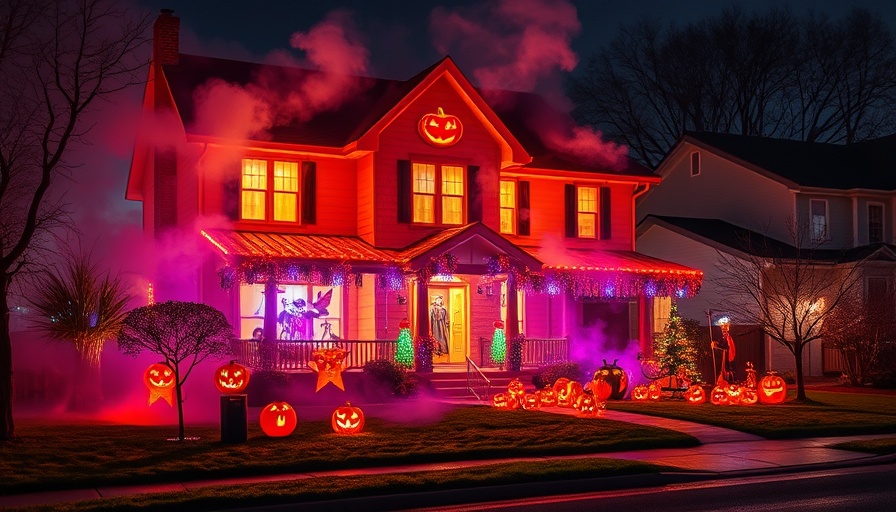 Brightly lit Halloween display at suburban house in the Triangle.